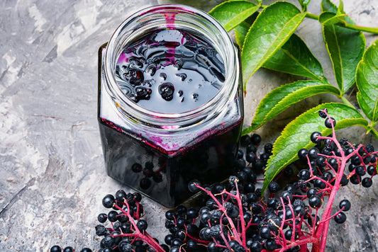 Elderberry jam made with freshly picked elderberries, served in a glass jar with an elderberry plant in the background